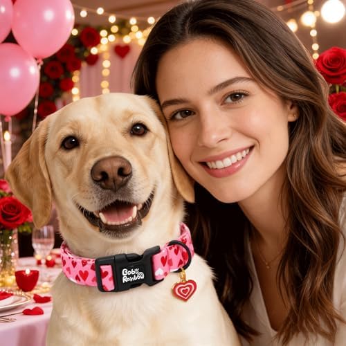 Dog Collars, Valentine's Pink Cute Love Heart Print Pet Collar Durable Adjustable Plastic Pendant Dog Collar for Small Dogs