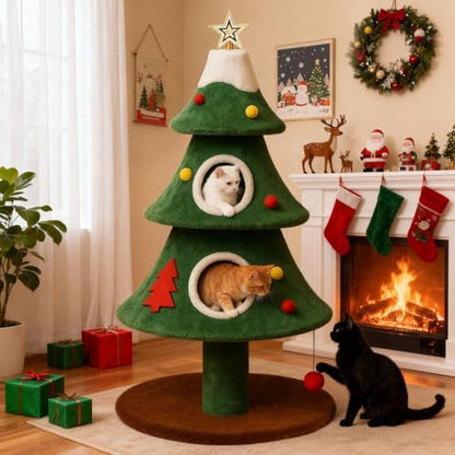 COMHOMA Christmas Cat Tree with 2 Cozy Houses,52" Holiday Cat Tower with Anti-Tip Safety,Festive Indoor Cat Climbing Furniture with Dangling Balls,Cat House and Climbing Tower for Kittens