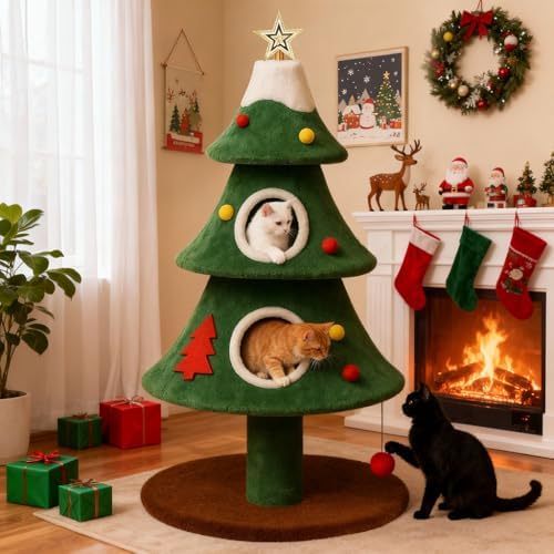 COMHOMA Christmas Cat Tree with 2 Cozy Houses,52" Holiday Cat Tower with Anti-Tip Safety,Festive Indoor Cat Climbing Furniture with Dangling Balls,Cat House and Climbing Tower for Kittens