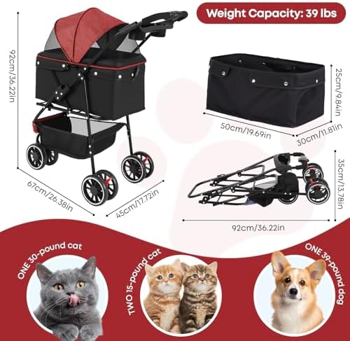 Pet Stroller,Dog Stroller for Small Medium Dogs Cats,3 Wheels,Red+Black