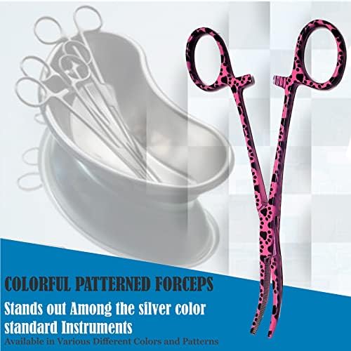 Dog Pet Ear/Nose Hair Puller Grooming Hemostat Locking Forceps Curved Pliers, 5.5" (14cm) Full Serrated Clamps Stainless Steel (Pink Paws)