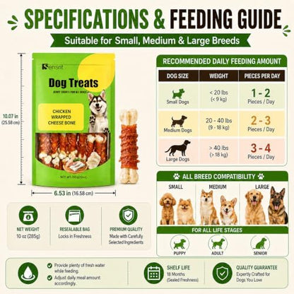 Chicken Wrapped Cheese Bone Dog Treats for All Dogs - 10oz (285g) High Protein Jerky Sticks - Rawhide-Free Calcium Rich Dog Snacks - Healthy Training Rewards & Teeth Cleaning Chews
