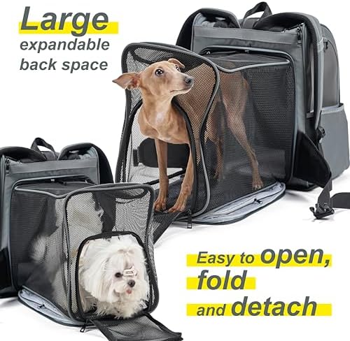Expandable Pet Carrier, Airline-Approved Foldable and Detachable Backpack, Fits 13lbs Cat&11lbs Small Puppy Dog, for Car Travel,Camping and Emergency Transportation and Shelter (Grey)