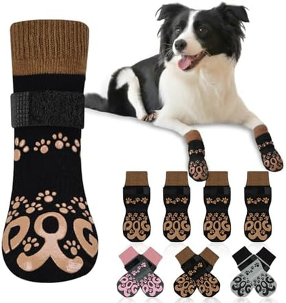 Socks for Dogs to Prevent Licking - Double Side Dog Booties for Hardwood Floors, Dog Booties and Paw Protectors, No Twist Dogs Socks for Hot Pavement, Black and Caramel, XXL