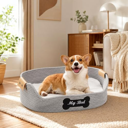 Cat Beds for Indoor Cats, 21.6''X15.7'' Cotton Rope Kitty Nap Bed with Soft Cushion, Handwoven Basket - Scratch Resistant