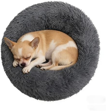 Calming Donut Dog Beds for Small Dogs Kitten - Washable Removable Cover Non-Slip Bottom, Round Pet Bed Puppy Bed Warming Fluffy Faux Fur Anti-Anxiety, Fits up to 15 lbs (Dark Grey, 20")