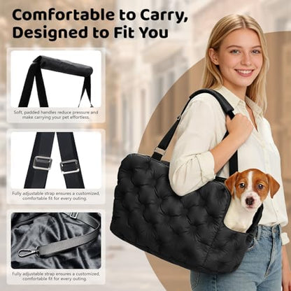 Dog Purse Carrier for Small Dog Cats, Soft Quilted Puppy Carrier Soft-Sided Carriers Bag, Luxury Stylish Small Dog Cat Travel Tote for Pets Up to 11 lbs (Black, 15.7" L x 7.9" W x 7.1" H)