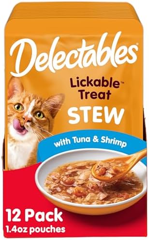 Delectables Lickable Treat Stew Wet Cat Treat with Real Tuna & Shrimp, Food Topper, Hydrating, Grain-Free, No Fillers, No By-Products, No Added Preservatives, 1.4oz Pouch, 12ct