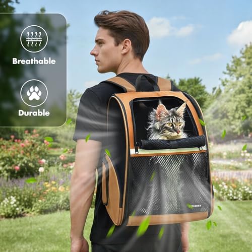 Pet Backpack Carrier, Large Cat Carrier Backpack Up to 20 Lbs with Breathable Mesh, for Medium Large Cats or Small Dogs, Travel Hiking Camping Backpack (Brown-XL)