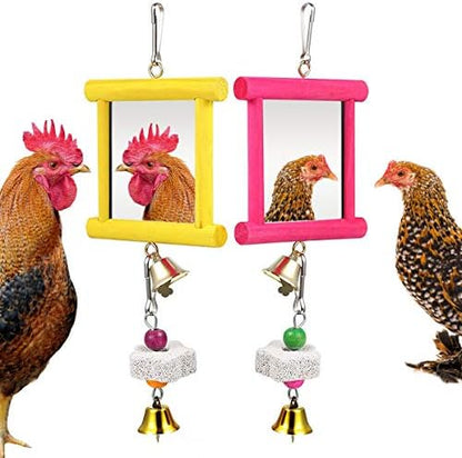 2Pcs Chicken Mirror Toys for Hens Hanging Swing Mirror Toys with Bells and Beak Grinding Molar Stones for Roosters Hens Birds Parrots (Yellow and Red)