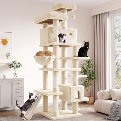 SHA CERLIN 82 inch, Multi-Level Cat Tree Tower for Indoor Cats, Cat Condo with Sisal Scratching Posts, Plush Perches, Hammocks, Toy Balls, Beige
