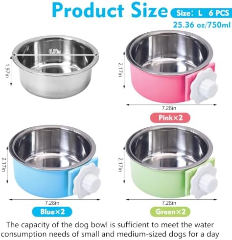 kathson Crate Dog Bowl, Removable Stainless Steel Hanging Pet Cage Bowl Food & Water Feeder Coop Cup for Cat, Puppy, Birds, Rats, Guinea Pigs (6 PCS, Size: L, 2×Blue,2×Green,2×Pink)