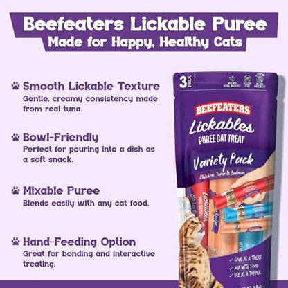 Beefeaters Variety Pack Pure Cat Treats 1.59oz (12 Pack) | Lickable Squeeze Tube Treats, Grain-Free, No Added Sugar, Taurine-Enriched, Ideal for Bonding, Seniors, Toppers & Everyday Treating