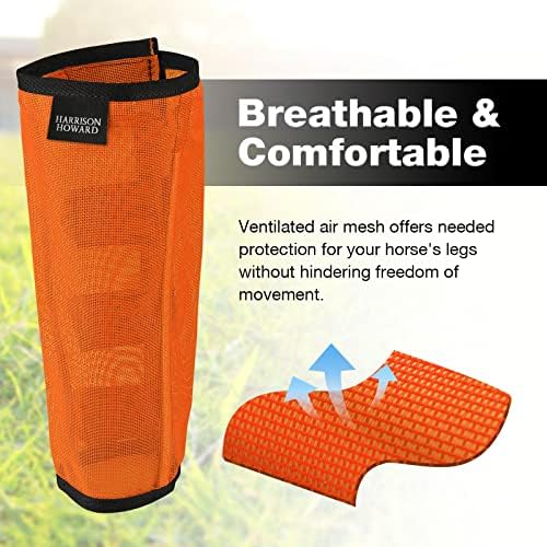 Harrison Howard Loose Fitting Fly Boots UV-Protective Extra Tough Mesh Ventilated Four Fasteners Stay-on Design Protect Horse Legs & Stomp-Reducing Set of 4 Orange Pony