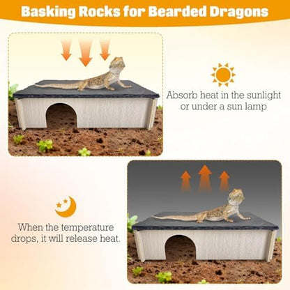 PINVNBY Bearded Dragon Basking Platform, Wood Reptile Hides and Caves, Crested Gecko Hide with Slate Rock, Leopard Gecko Tank Accessories for Small Lizard Snake (M: 9.84x5.9x2.76 inches)