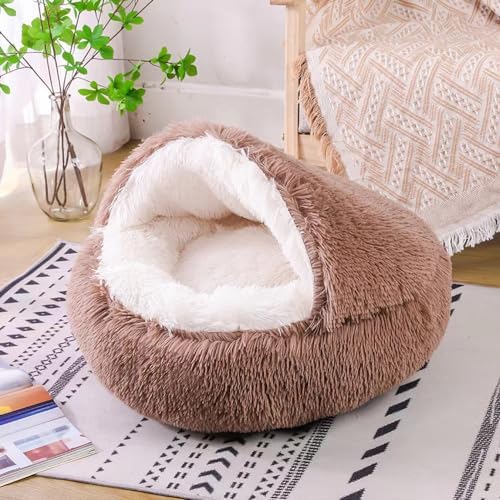 Round Fluffy Hooded Cat Bed Cave, Anti-Anxiety Cave Bed with Blanket