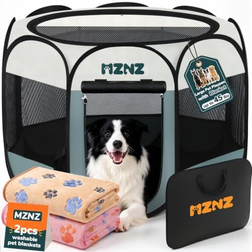 Dog Cat Small Animal Puppy Playpen Crate with 2 Blankets, Large, Grey