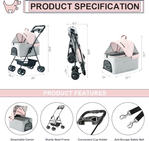 Pet Stroller with Detachable Carrier for Small Dogs&Cats, Pink Gray