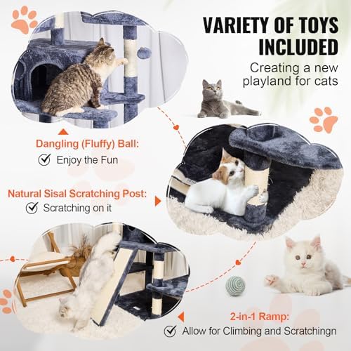 VEVOR Cat Tree for Indoor Cats, 68.5" Cat Tower with 2 Cat Condos, Sisal Scratching Post, Hammocks, Top Perches, Jumping Platforms and Ramp, Cat Furniture Activity Center with Hang Balls, Dark Grey