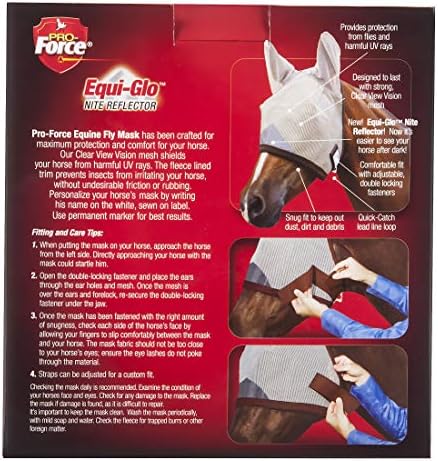 Manna Pro, Pro-Force Equine Fly Mask with Ears & Equi-Glo Reflector, Horse Mask(s), Mask for Horses, Durable Clear-View Mesh, UV Protection, Adjustable, Fits 900–1200 lb Horses