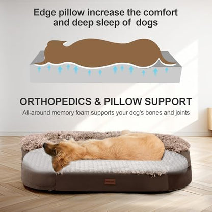 iweepet Fluffy Orthopedic Dog Beds for Large & Extra Large Dogs, 44" Dog Sofa Bed with Supportive 28D Egg-Crate Foam, Removable Washable Cover, Waterproof Lining, for Puppy,Senior,Sick,Brown