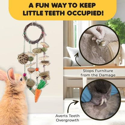 SunGrow Cage Hanging Rabbit Chew Toy, Handwoven Space-Saving Enclosure Accessory, Wooden Discs, Loofah Slices, Grass Ball & Compressed Hay, for Bunnies, Guinea Pigs, and Chinchillas, 17” x 7”, 1 Set 