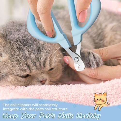 Cat Nail Clipper, Cat Nail Trimmer with Positioning Round Hole, Sharp Non-Slip Handle Cat Claw Clipper, Safe Indoor Cat Nail Clipper, Pet Nail Clipper for Cats, Puppies and More Animals - Blue