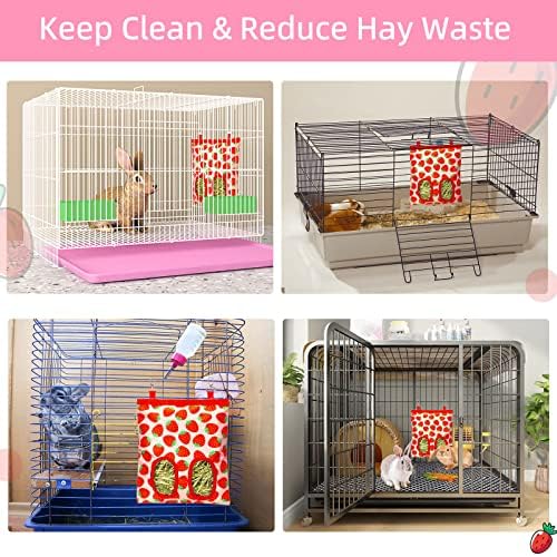 2Packs Large Rabbit Hay Feeder Bag, Upgraded Guinea Pig Hay Feeder with 3 Hooks, Chew Proof Washable Hay Bag for Rabbits Bunny Chinchilla Hamster, Mess Free Grass Holder 2 Holes, 9.8x11.4 Inch