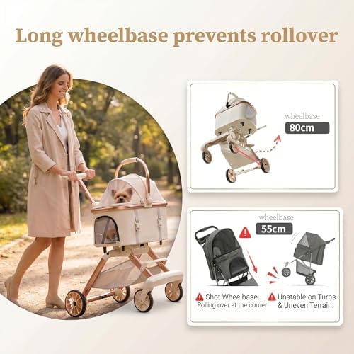 All-Terrain Pet Stroller for Small Medium Dogs & Cats, 20 lbs Capacity - Portable Carrier with One-Touch Brake, Lightweight Foldable Design & Shock Absorption Wheels,Pink