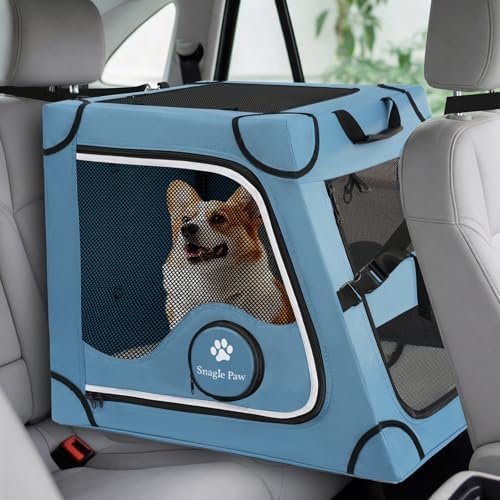 Snagle Paw Portable Dog Crate for Car Travel,Metal Frame Pet Crate,Pet Carrier for Car Back Seat Secures with Headrest Strap and Seatbelt,M
