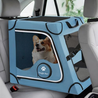 Snagle Paw Portable Dog Crate for Car Travel,Metal Frame Pet Crate,Pet Carrier for Car Back Seat Secures with Headrest Strap and Seatbelt,M