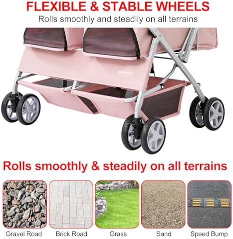 Double Pet Stroller for 2 Small Dogs & Cats, Side-by-Side Twin Travel Carriage with Safety Leashes, Mesh Windows & Double Storage Baskets, Lightweight & Foldable, 44lbs Capacity, Pink
