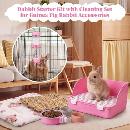 34 Pcs Rabbit Starter Kit Rabbit Litter Box Small Animal Water Bottle Cups Bunny Tunnels Animal Grooming Kit Bowl Blanket with Cleaning Set for Guinea Pig Bunny Accessories (Style 2,Pink)