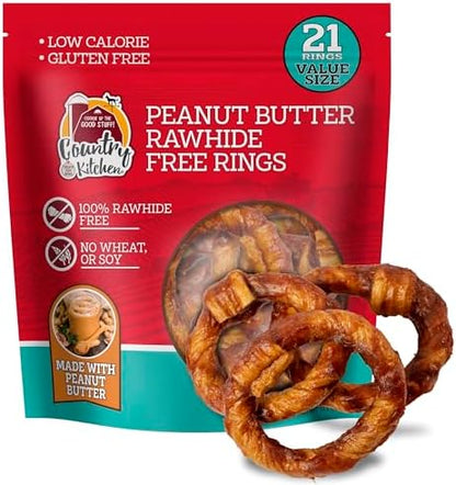 Country Kitchen Rawhide Free, Peanut Butter Rings Dog Chews, 21 Count