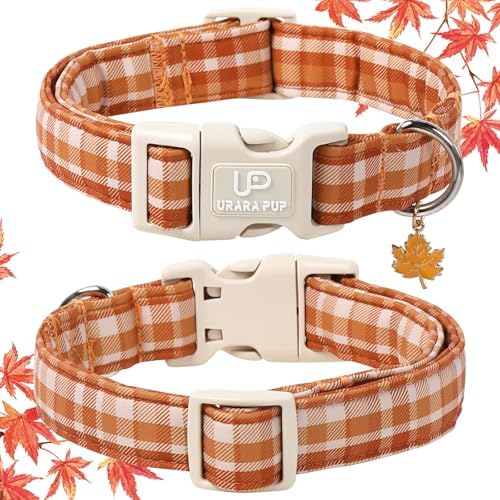 Fall Plaid Dog Collar with Maple Leaf Charm – Adjustable Autumn Checkered Dog Collar for Small Medium Large Dogs, Soft Cotton Puppy Collars with Quick Release Buckle and Metal D-Ring