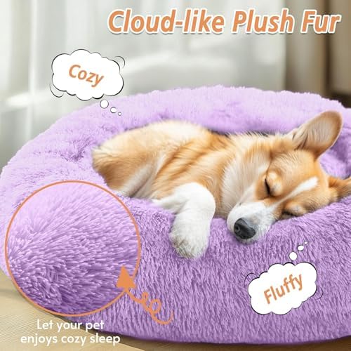 JOLLYVOGUE Calming Dog Bed for Small Dogs - 23 inches Donut Washable Small Dog Bed for Kittens & Puppies, Anti-Slip Round Fluffy Plush Faux Fur Cat Beds (Fits up to 25 lbs Pets, Purple)