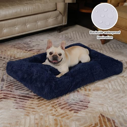 Bedfolks Waterproof Dog Crate Bed, Plush Dog Pad, 35"x23", Solid Dark Blue