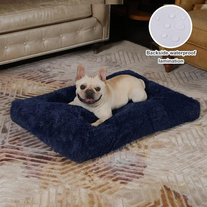Bedfolks Waterproof Dog Crate Bed, Plush Dog Pad, 29"x21", Solid Dark Blue