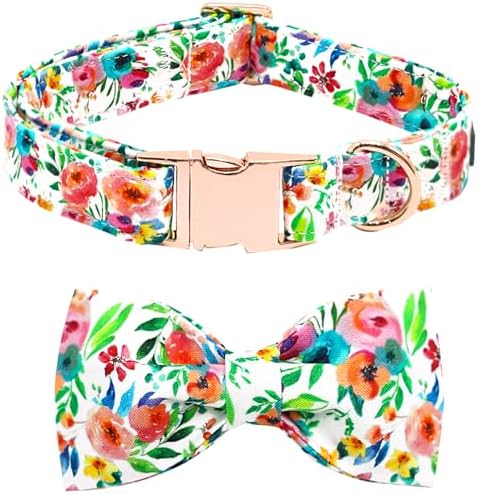 Dog Collar Flowers Print Pet Collar Soft Cute Puppy Collar with Bow Tie Adjustable Metal Buckle Collars Gift for X-Small Dogs