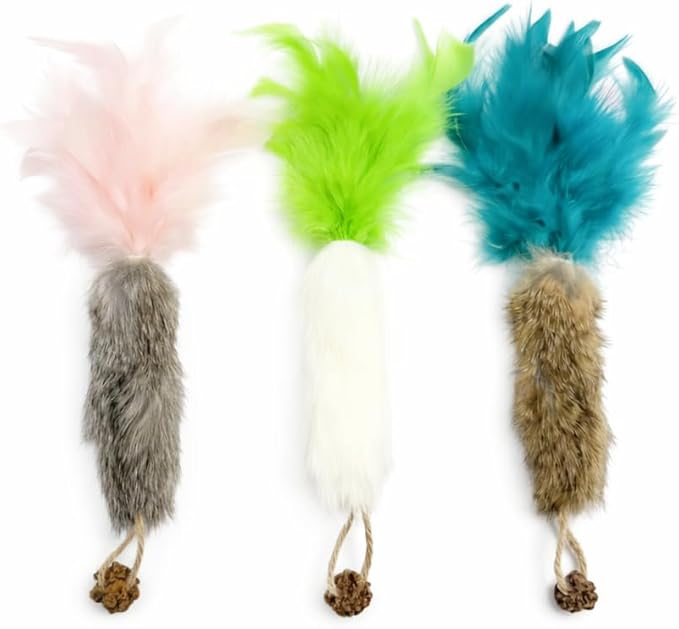 3 Pack Rabbit Fur Catnip Toys with Feathers – Interactive Carrot Cat Toys with Galls Fruit for Indoor Cats and Kittens