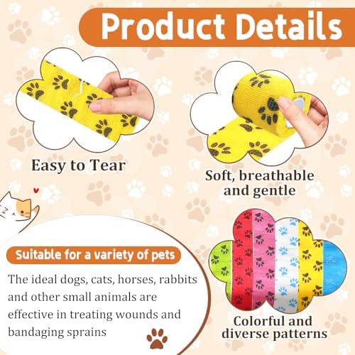 6 Pack 2 Inch x 5 Yards Paw Print Pet Vet Wrap for Dogs, Cats, Horses, Colorful Non-Woven Self-Adhesive Cohesive Bandage Rolls Set for Wound Care, Ankle Sprains, Swelling, and First Aid Protection