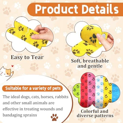 6 Pack 2 Inch x 5 Yards Paw Print Pet Vet Wrap for Dogs, Cats, Horses, Colorful Non-Woven Self-Adhesive Cohesive Bandage Rolls Set for Wound Care, Ankle Sprains, Swelling, and First Aid Protection