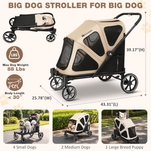 Dog Stroller for Medium Dogs 88lbs with Ramp for Easy Access Foldable Khaki