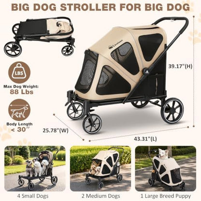 Dog Stroller for Medium Dogs 88lbs with Ramp for Easy Access Foldable Khaki