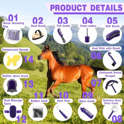 Abbylike 15 Pieces Horse Grooming Kit with Organizer Tote Bag Tack Room Supplies Horse Brush Sets Care Equine Cleaning Kit Shedding Grooming Massaging Tools(Purple and Grey)