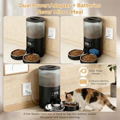 NEWBULIG Automatic Cat Feeder for 2 Pets 6L Dog Food Dispenser, Black
