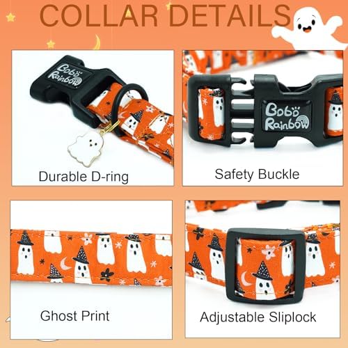 Halloween Dog Collar-Orange Ghost Print Pet Collar Fall Adjustable Cute Soft Collars Holiday Comfortable Lightweight Quick-Release Buckle Puppy Collars for Medium Dogs