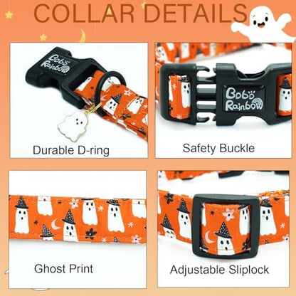 Halloween Dog Collar-Orange Ghost Print Pet Collar Fall Adjustable Cute Soft Collars Holiday Comfortable Lightweight Quick-Release Buckle Puppy Collars for Medium Dogs