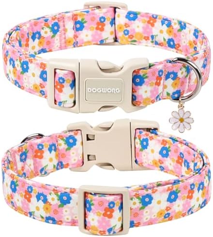DOGWONG Pink Floral Dog Collar, Spring Summer Pretty Cute Girl Dog Collar,Girl Female Dogs Collars for Large Dogs, Neck 16.5-26 inches