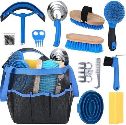 13 Piece Horse Grooming Kit, Horse Brushes for Grooming Supplies with Portable Bag, Horse Brush Set & Curry Comb for Effective Bathing and Massaging, Gift for Horses Riders Beginners (Blue)